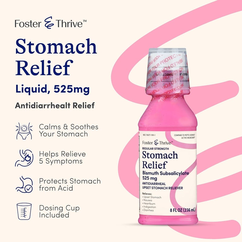 Foster Thrive Stomach Relief Liquid for Nausea, Heartburn, Indigestion, Upset Stomach, and Diarrhea - Fast Relief for 5 Symptoms, Antidiarrheal, Bismuth Subsalicylate 525 mg, Original, 8 Oz - Image 1